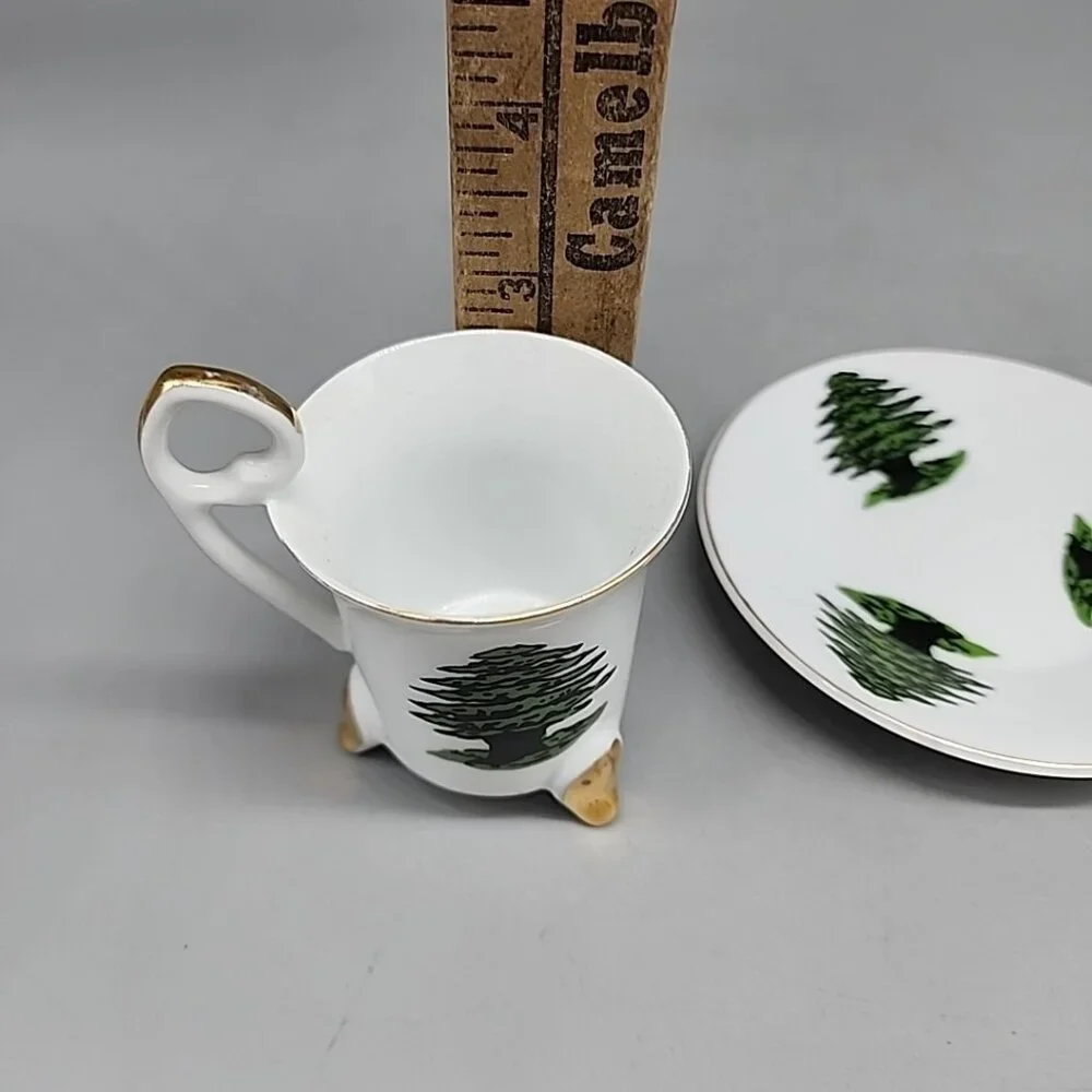vintage Footed teacup and saucer set green Tree Made In Japan Gold Rim